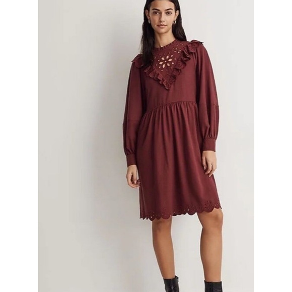Madewell Dresses & Skirts - NWT Madewell Boho Festival Dress Large Western Eyelet Ruffle Embroidery Burgundy